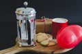 Valentine`s Day, biscuits and heart-shaped balloon, coffee cup a Royalty Free Stock Photo