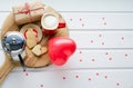 Valentine`s Day, biscuits and heart-shaped balloon, coffee cup a Royalty Free Stock Photo