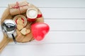Valentine`s Day, biscuits and heart-shaped balloon, coffee cup a Royalty Free Stock Photo
