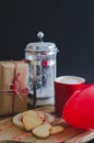 Valentine`s Day, biscuits and heart-shaped balloon, coffee cup a Royalty Free Stock Photo