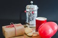 Valentine`s Day, biscuits and heart-shaped balloon, coffee cup a Royalty Free Stock Photo