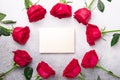 Valentine`s day blank card with red rose flowers on stone background. Valentines day mockup