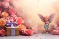 Valentine's Day blank space with cute angel gift boxes, roses, red heart, background generative ai.