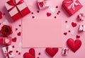 Valentine\'s Day blank Top greeting view gifts card flat lay card hearts table paper composition mockup pink Royalty Free Stock Photo