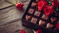 Valentine\'s Day box of chocolate pralines and red roses. AI generated.