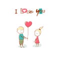 Valentine's Day. Boy gives the girl a balloon heart. Text I Love You. Hand drawn card. Royalty Free Stock Photo