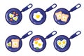 Valentine`s Day breakfast set in a pan: toast, scrambled eggs, heart-shaped omelette