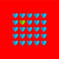 Valentine`s day - bright red background and flat blue hearts in a column. holiday of lovers. concept is only love