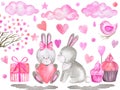 Valentine's day bunny collection with balloons and valentine card Watercolor hand-painted cartoon rabbit love, clouds