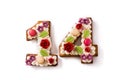 Valentine`s Day cake with 14 number with flowers decorated isolated