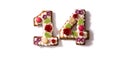 Valentine`s Day cake with 14 number with flowers decorated isolated