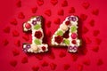 Valentine`s Day cake with 14 number shape and hearts