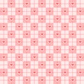 Valentine\'s day candy hearts and pink red white tartan plaid vector patterns. Heart check design seamless pattern.