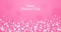 Valentine`s day card, abstract pink background with white hearts floating and bokeh. Heart confetti template for