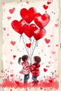 Valentine\'s day card with boy and girl holding red heart balloons. Valentine\'s day, greeting card Royalty Free Stock Photo