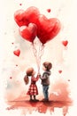Valentine\'s day card with boy and girl holding red heart balloons. Watercolor illustration Royalty Free Stock Photo