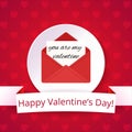 Valentine's day card on a bright red background with hearts. Happy Valentine's Day text on a ribbon. Love letter. Royalty Free Stock Photo