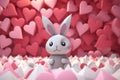 Valentine's day card with bunny. Rabbit cartoon collection. Small lovely rabbit with hearts