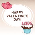 Valentine`s day card with chocolate cupcake, vanilla cream, sprinkles and two pink hearts