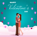 Valentine`s Day card with couple kiss and hug on pink clouds. Love concept of man and woman. Vector illustration for poster, flye