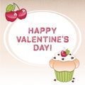 Valentine`s day card with cupcake, cherries, heart shaped candies and vanilla cream Royalty Free Stock Photo