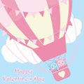 Valentine`s Day card with cute bears in hot air balloon on the sky