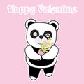 Valentine`s Day card with cute panda brings a bucket of flower on pink background Royalty Free Stock Photo