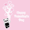 Valentine`s Day card with cute panda brings heart balloons