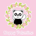 Valentine`s Day card with cute panda on flower wreath Royalty Free Stock Photo