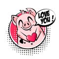 Valentine`s day card with cute pig, heart and text cloud. Greeting poster in comics style. Vector Royalty Free Stock Photo