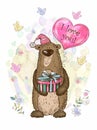 A Valentine's Day card. Cute teddy bear with a balloon in the form of a heart. Watercolor Royalty Free Stock Photo