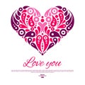 Valentine`s Day card with decorative stylish heart. Wedding invitation