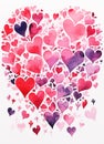 Valentine's Day card design, hearts in random locations, symbol of love, watercolor art style.