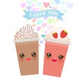 Valentine`s Day Card design with Kawaii Strawberry Chocolate Coffee smoothie transparent plastic cup with straw and whipped cream