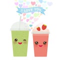 Valentine's Day Card design with Kawaii Strawberry Kiwi Take-out smoothie transparent plastic cup with straw and whipped