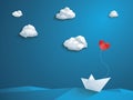 Valentine's day card design template. Low poly paper boat with heart shaped balloon sailing over the waves. Blue sky and