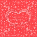 Valentine s day card, doodle style.Cute ethnic two foxes.