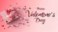 Valentine`s Day card with elegant lettering, gift and heart shape on pink background. Greeting on St Valentine, luxury beauty