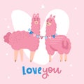 Valentine`s day card featuring a cute llama couple. two pink appacas in love greeting Valentine`s card. Flat vector