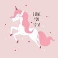 Valentine`s day card featuring a cute unicorn
