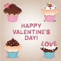 Valentine`s day card with four cupcakes, heart shaped lollipop and candies, cherry, sprinkles, chocolate and vanilla cream