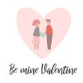 Valentine`s day card with girl and boy holding heart Royalty Free Stock Photo