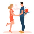 Valentine`s day card with happy couple. Boyfriend holds flowers behind his back.