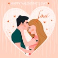 Valentine`s day card with happy couple. Handsome man kissing his girlfriend on the forehead. Royalty Free Stock Photo