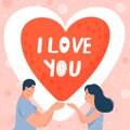 Valentine`s day card with happy couple in love. Couple looks at each other and blowing air kisses in the shape of a heart. Royalty Free Stock Photo