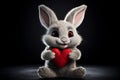 Valentine's day card with Kawaii bunny. Rabbit cartoon collection. Small lovely rabbit holds love heart