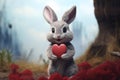 Valentine's day card with Kawaii bunny. Rabbit cartoon collection. Small lovely rabbit holds love heart