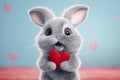 Valentine's day card with Kawaii bunny. Rabbit cartoon collection. Small lovely rabbit holds love heart