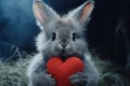 Valentine's day card with Kawaii bunny. Rabbit cartoon collection. Small lovely rabbit holds love heart