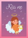 Valentine\'s Day card with little girl angel sitting on a cloud with a harp. Royalty Free Stock Photo